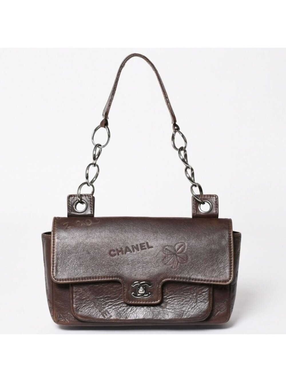 Chanel Chain Shoulder Bag Icon Motif Cruise Line Brown Silver